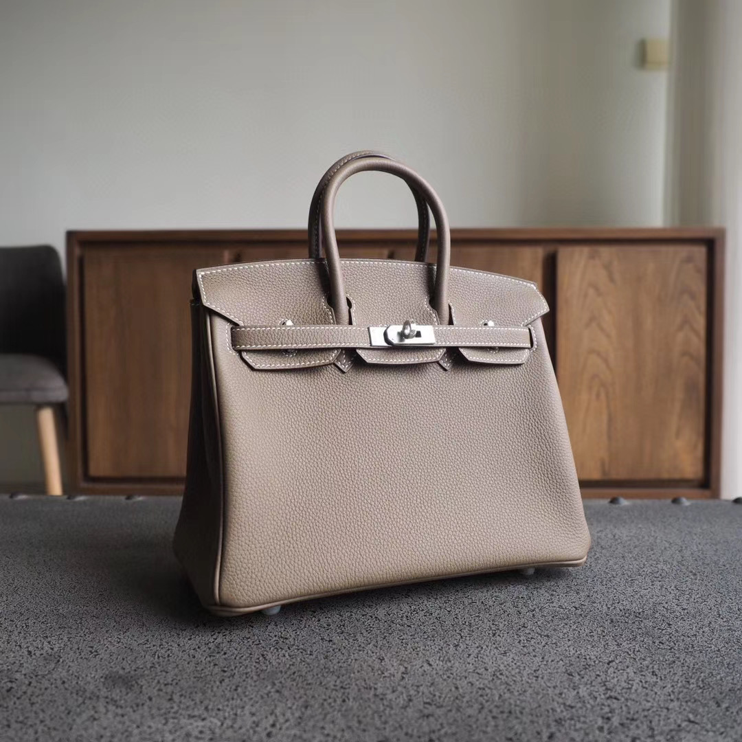 爱马仕官网 Birkin 25CM 铂金包 18大象灰 togo 银扣