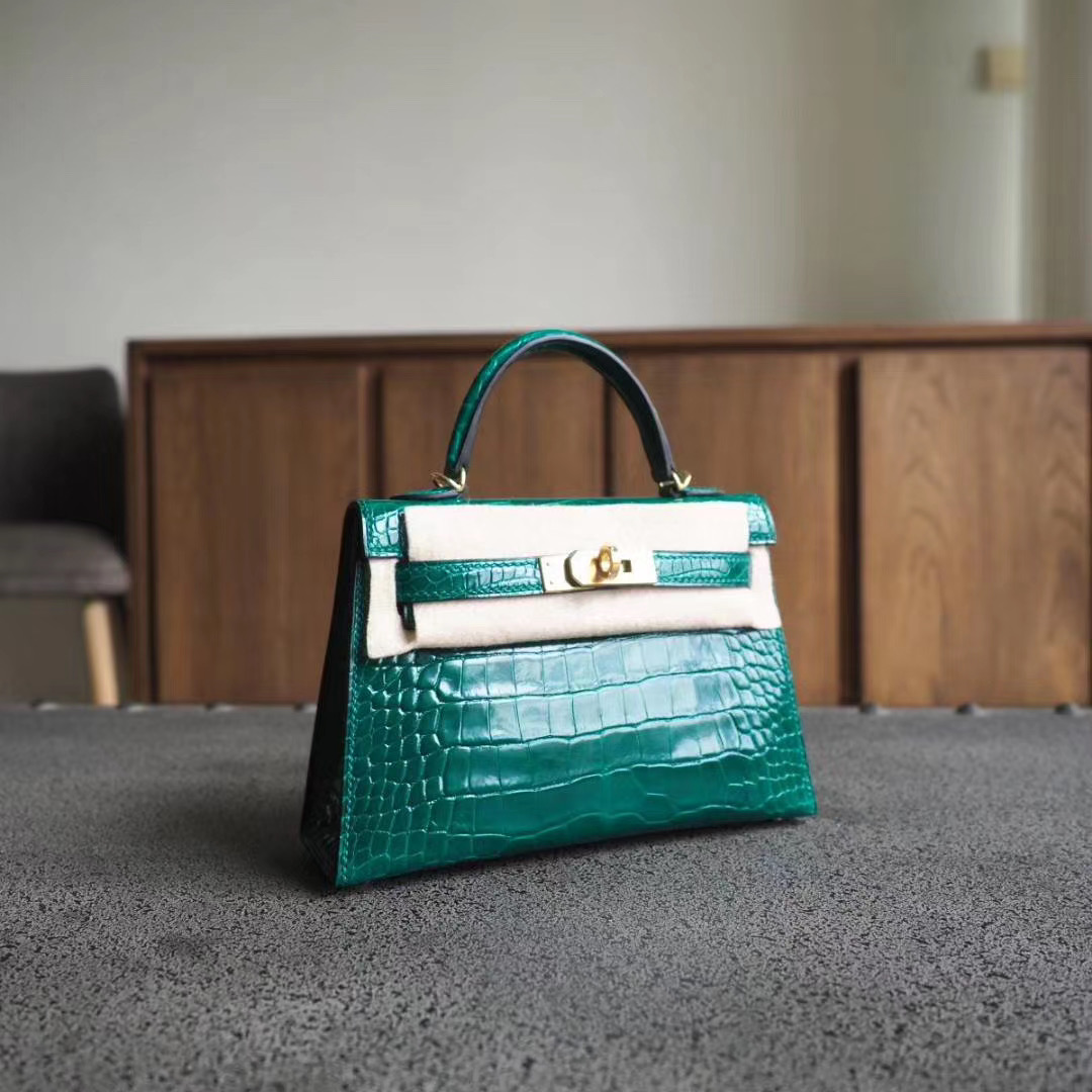 爱马仕 Hermes Mini Kelly 二代 6Q翡翠绿 亮面方块鳄鱼 金扣