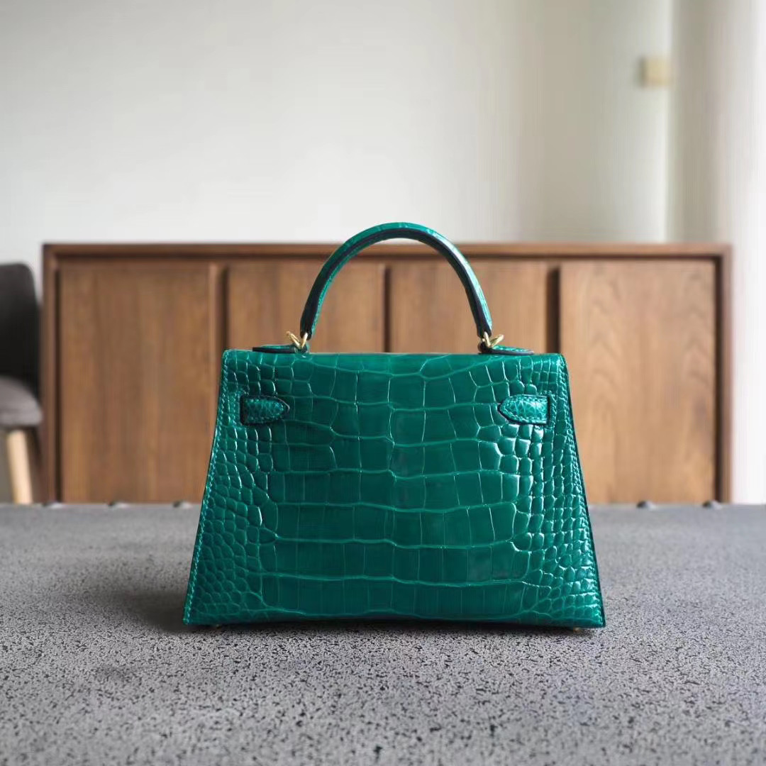 爱马仕 Hermes Mini Kelly 二代 6Q翡翠绿 亮面方块鳄鱼 金扣